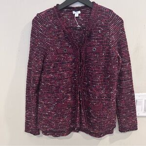 VINTAGE J. Jill 2 Piece Set Cranberry Tweed Fringe Knit Cardigan Blazer SKIRT S